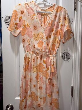Sienna Sky Cream Floral Wrap Dress with Pink & Orange Accents